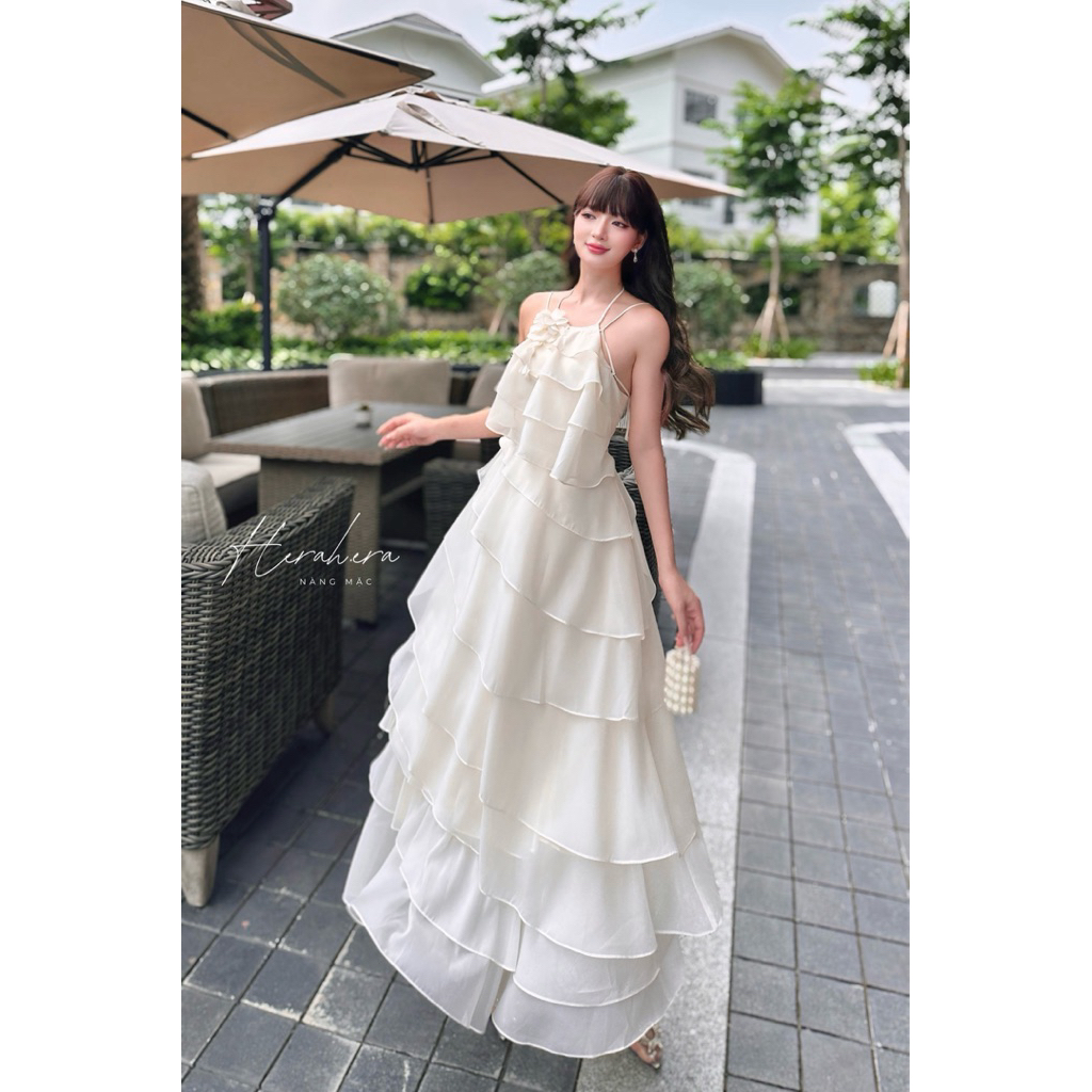 HERAH.ERA - Đầm Dài Xếp Tầng Layer Trắng Kem Kết Hợp Dây Mảnh Cổ Yếm Dáng Maxi - Đầm Công Chúa / Mille Mây