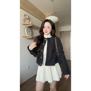 Áo Khoác Dạ Tweed Nữ COCO ROUND – Dáng Ngắn Đệm Vai Cúc Đồng GEMINI