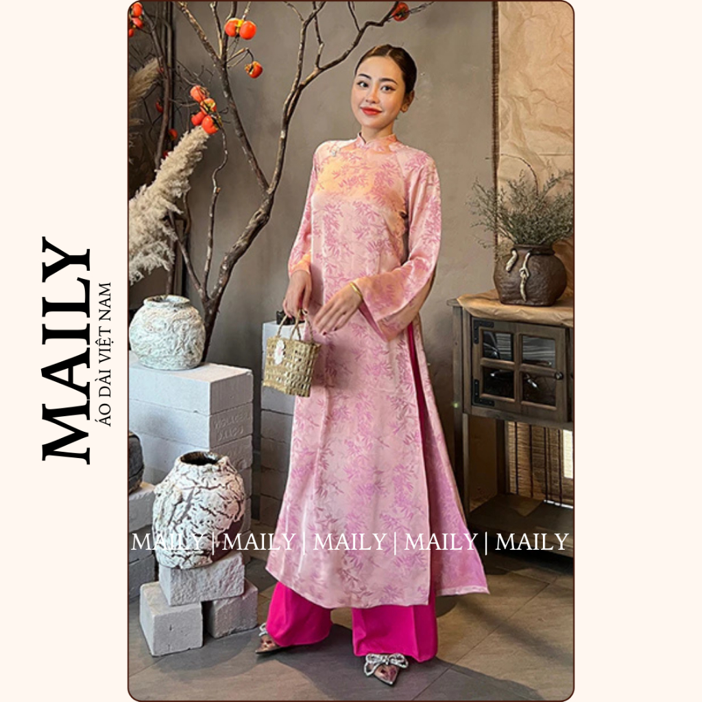 Áo Dài Giai Ý Dáng Cách Tân Hiện Đại, Chất Gấm Sang Trọng Cổ Cao Tay Dài Loe Có Bigsize - ÁO DÀI MAILY