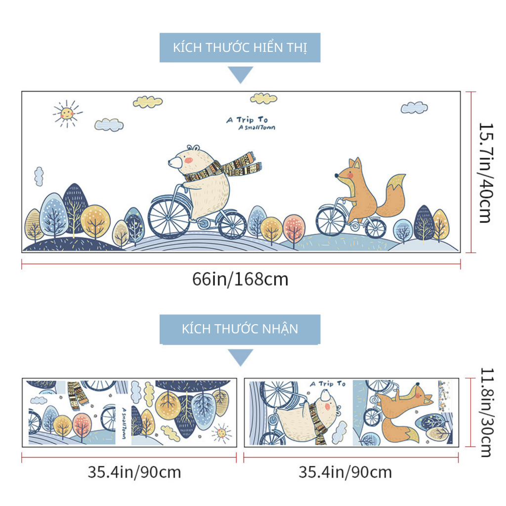 Decal Dán Tường Gấu Và Cáo Đạp Xe Có Keo Sẵn 168x40cm - Trang Trí Phòng Ngủ Cho Bé