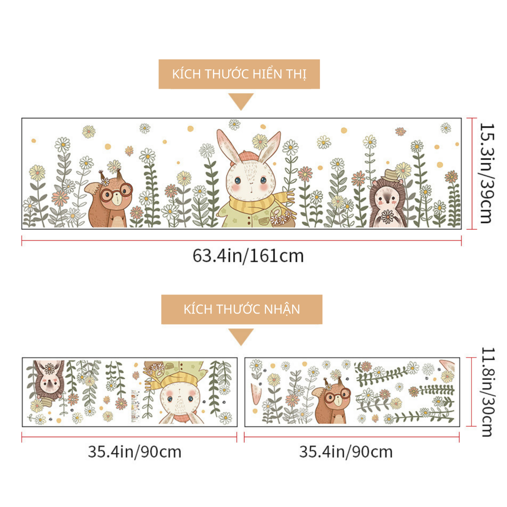Decal Dán Tường Thỏ Cùng Sóc Nhím Trong Vườn Hoa Có Keo Sẵn 161x39cm - Trang Trí Nhà Cửa