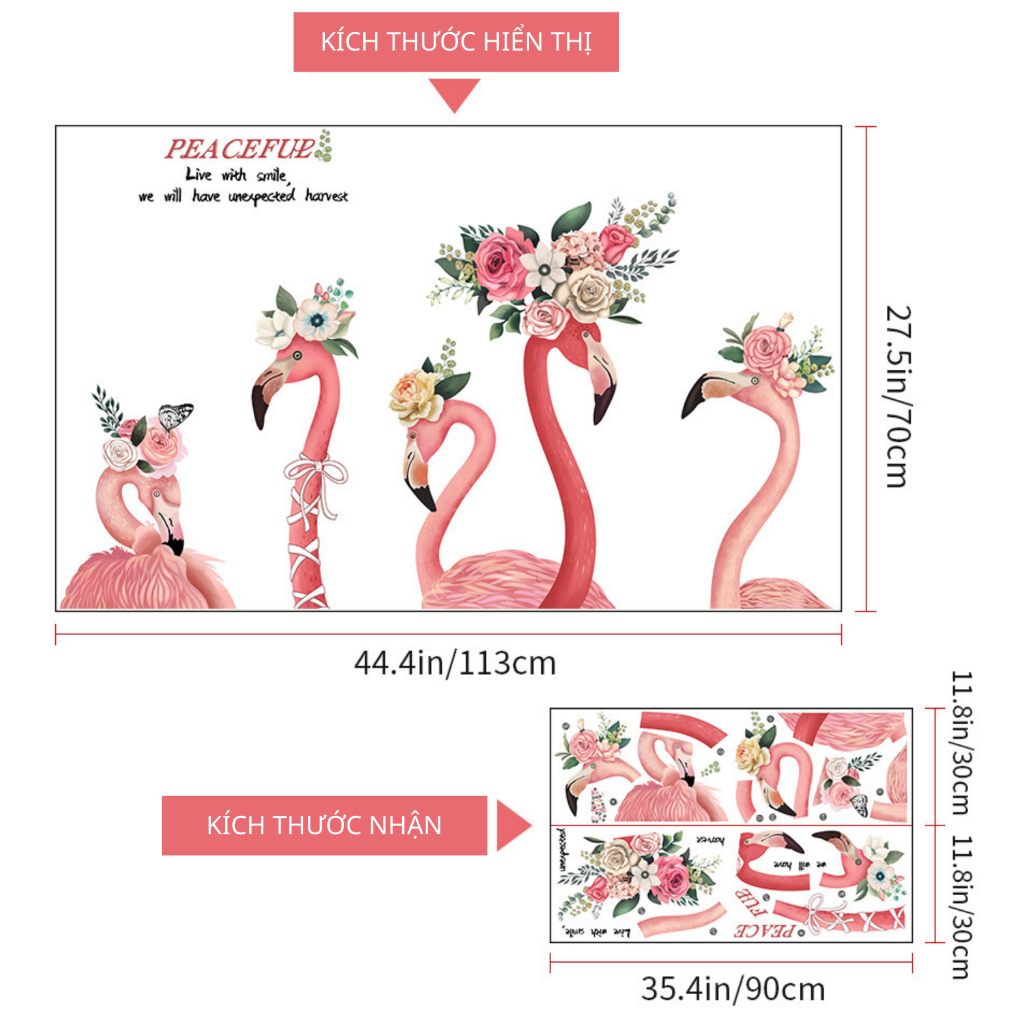 Decal Dán Tường  Chim Hồng Hạc Có Keo Sẵn 113x70cm - Trang Trí Phòng Ngủ, Góc Học Tập