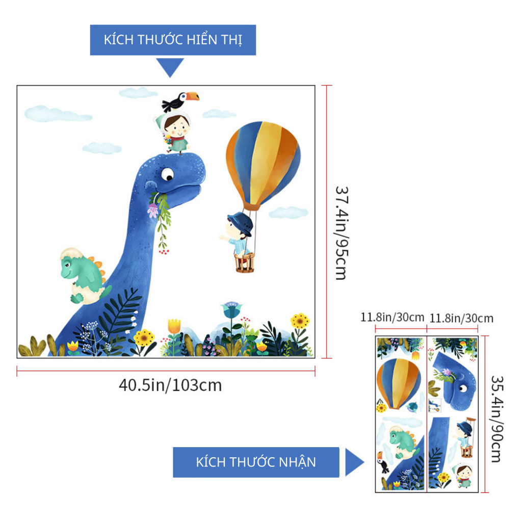 Decal Dán Tường Khủng Long Xanh Và Bé Khám Phá Thế Giới Có Keo Sẵn 103x95cm - Trang Trí Phòng Cho Bé
