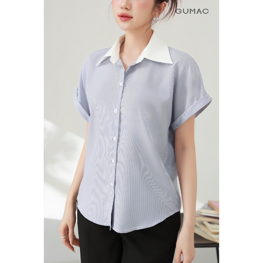 Áo Sơ Mi Nữ GUMAC Áo Kiểu Công Sở Kẻ Sọc Xanh Tay Ngắn Chất Cotton Thiết Kế Phối Cổ Trẻ Trung LAF0322