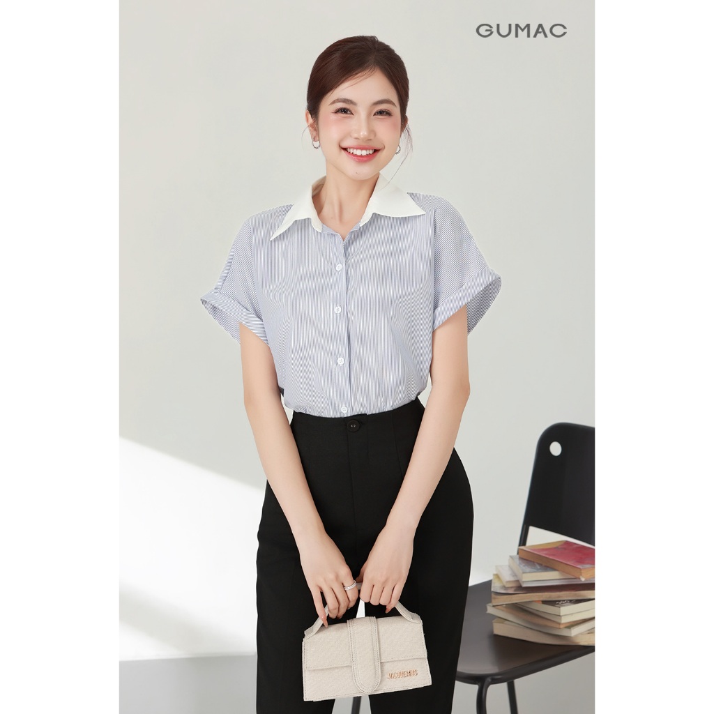 Áo Sơ Mi Nữ GUMAC Áo Kiểu Công Sở Kẻ Sọc Xanh Tay Ngắn Chất Cotton Thiết Kế Phối Cổ Trẻ Trung LAF0322