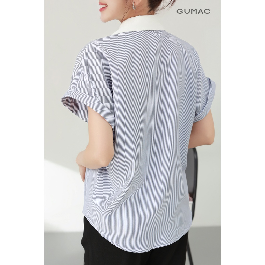 Áo Sơ Mi Nữ GUMAC Áo Kiểu Công Sở Kẻ Sọc Xanh Tay Ngắn Chất Cotton Thiết Kế Phối Cổ Trẻ Trung LAF0322