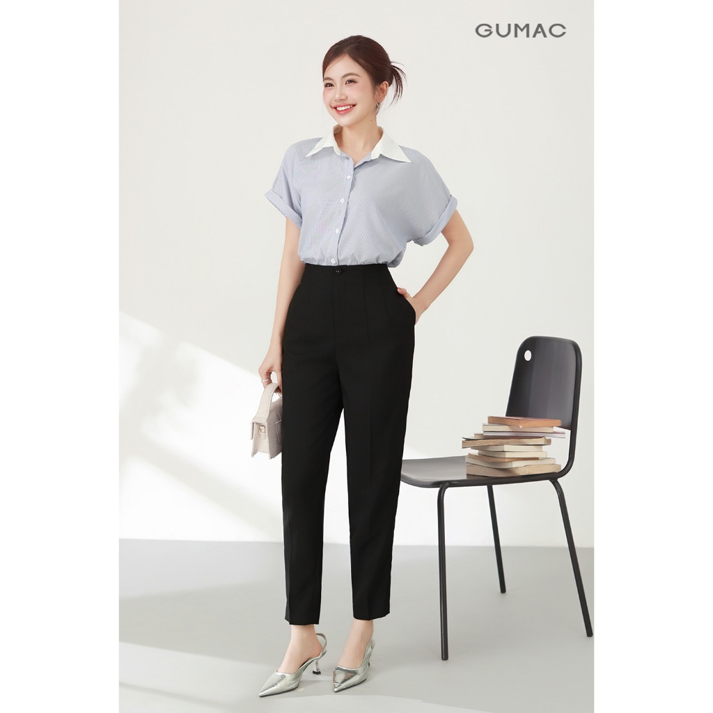 Áo Sơ Mi Nữ GUMAC Áo Kiểu Công Sở Kẻ Sọc Xanh Tay Ngắn Chất Cotton Thiết Kế Phối Cổ Trẻ Trung LAF0322
