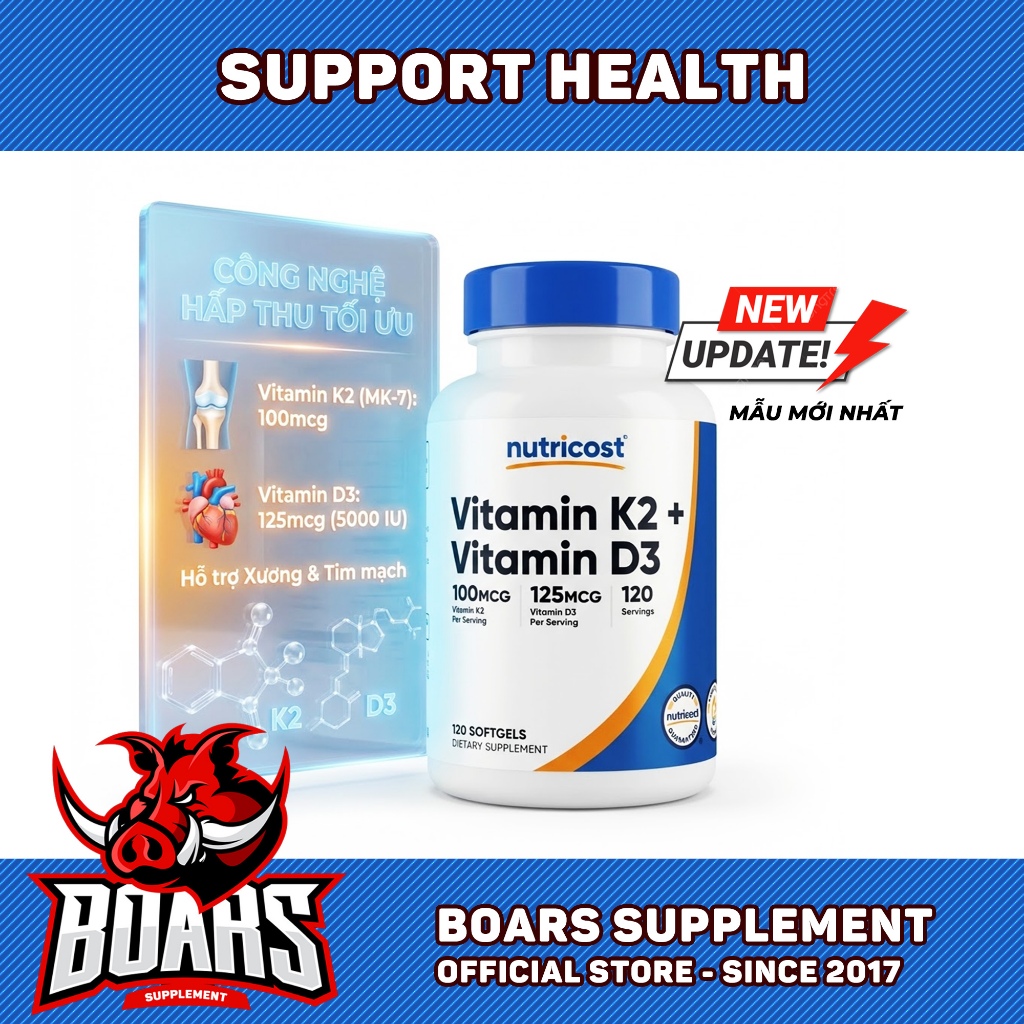 Thực phẩm sức khoẻ Vitamin D3 K2 Nutricost - Tăng cường sức khoẻ hệ miễn dịch, bổ xương khoẻ khớp