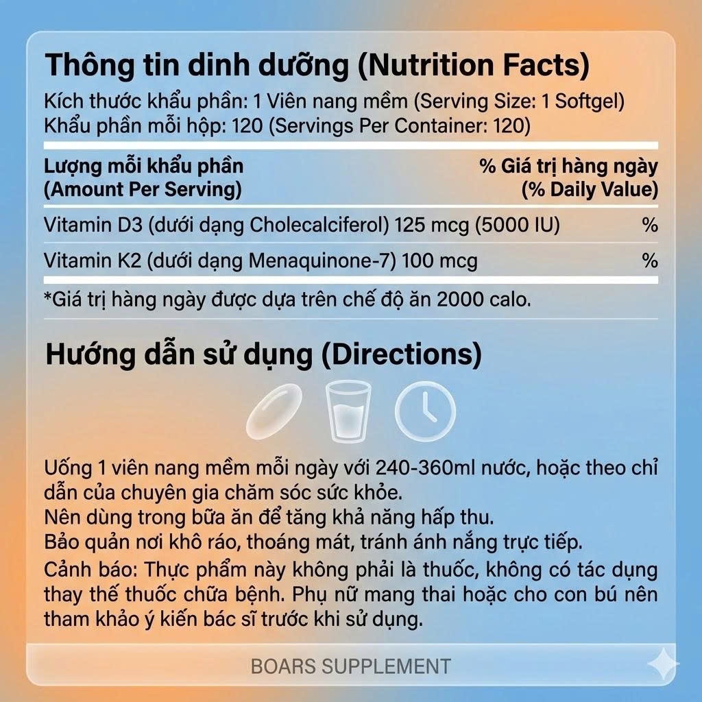 Thực phẩm sức khoẻ Vitamin D3 K2 Nutricost - Tăng cường sức khoẻ hệ miễn dịch, bổ xương khoẻ khớp