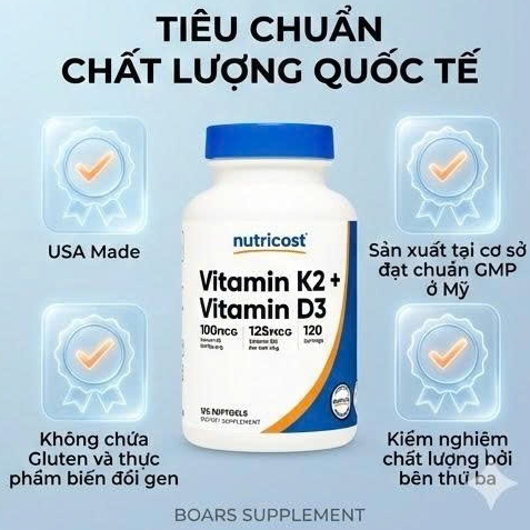 Thực phẩm sức khoẻ Vitamin D3 K2 Nutricost - Tăng cường sức khoẻ hệ miễn dịch, bổ xương khoẻ khớp