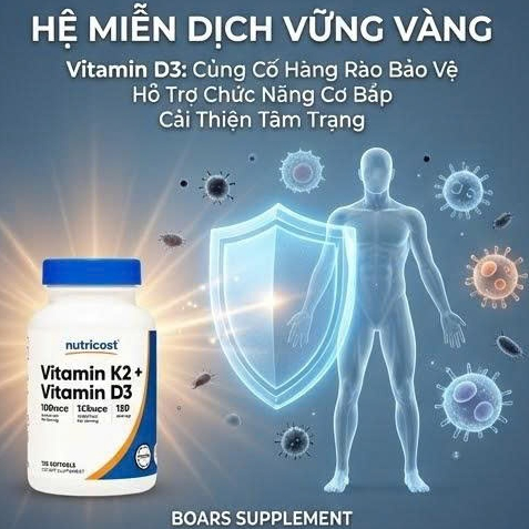 Viên uống bổ sung Vitamin D3 K2 Nutricost - Tăng cường sức khoẻ hệ miễn dịch, xương khớp