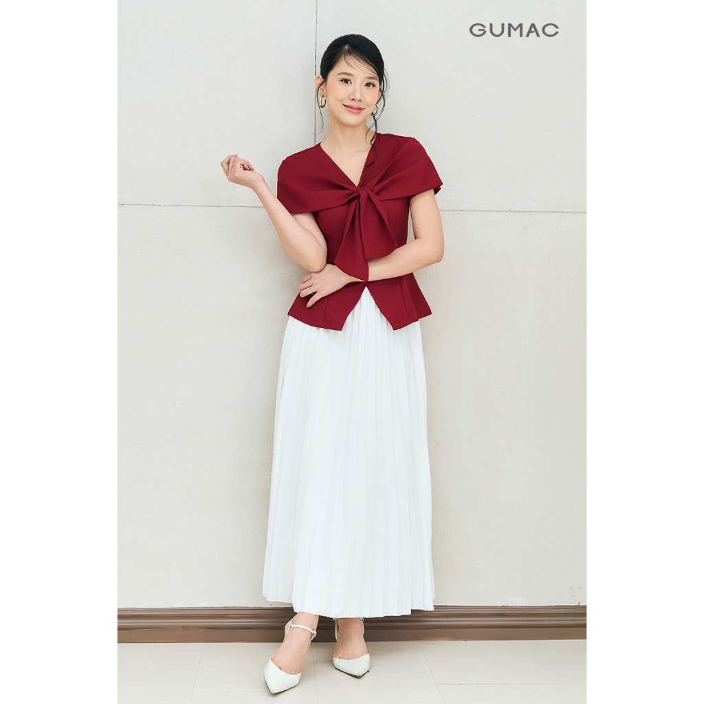 Áo Peplum Nữ GUMAC Form Ôm Eo Tay Ngắn Phối Cổ Nơ Cách Điệu Thanh Lịch AF12001