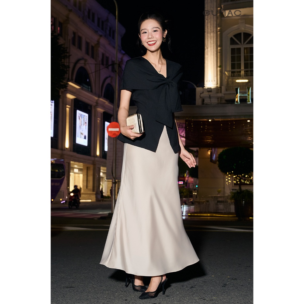 Áo Peplum Nữ GUMAC Form Ôm Eo Tay Ngắn Phối Cổ Nơ Cách Điệu Thanh Lịch AF12001