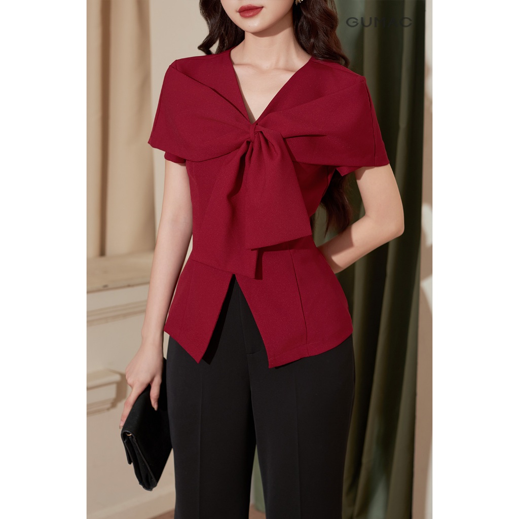 Áo Peplum Nữ GUMAC Form Ôm Eo Tay Ngắn Phối Cổ Nơ Cách Điệu Thanh Lịch AF12001