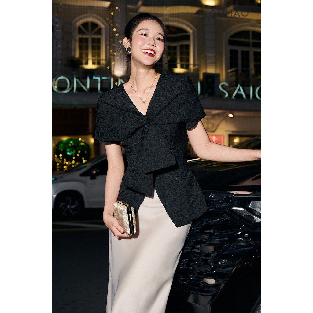 Áo peplum nữ GUMAC cổ V dáng ôm đánh eo có vạt đắp chéo qua lại tạo hình nơ  AF12001