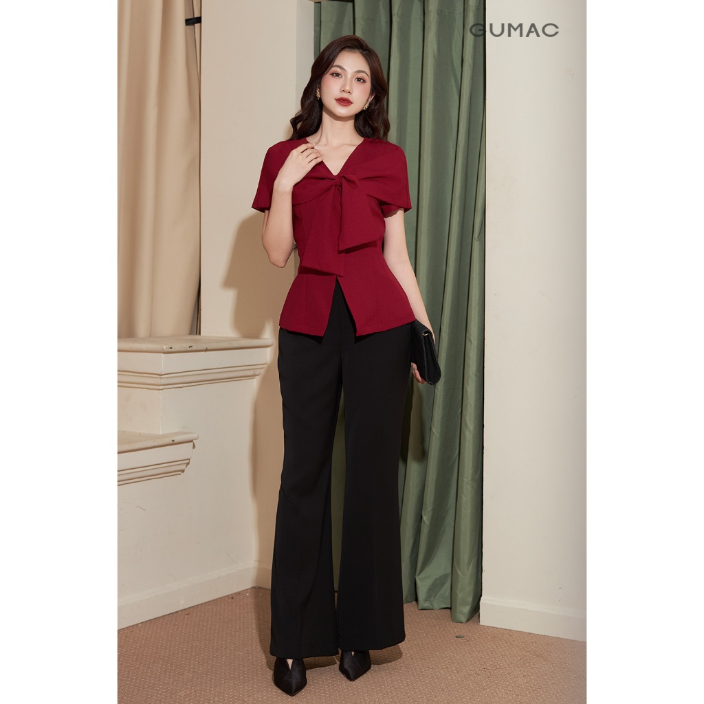 Áo Peplum Nữ GUMAC Form Ôm Eo Tay Ngắn Phối Cổ Nơ Cách Điệu Thanh Lịch AF12001