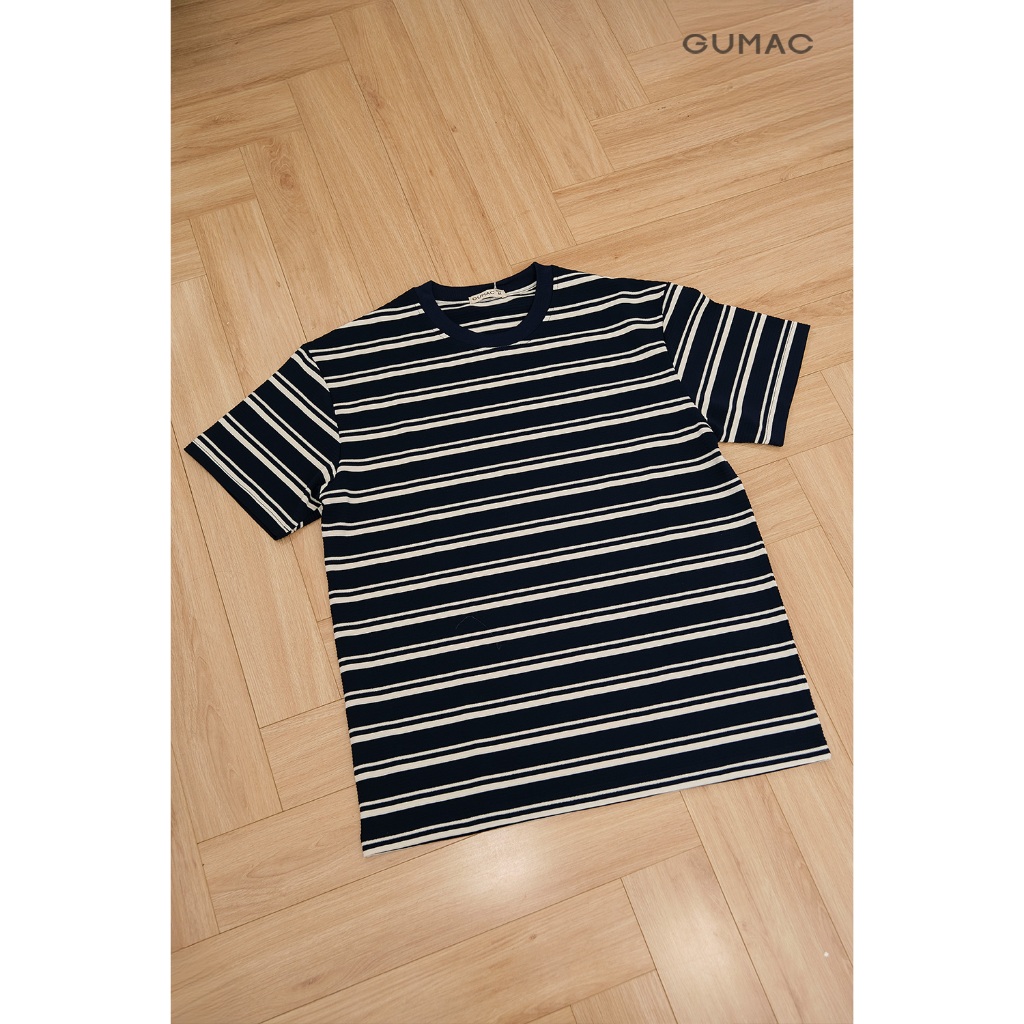 Áo thun nam GUMAC cổ tròn sọc kiểu form suông màu be - xanh đen - xanh dương  ATNF03024