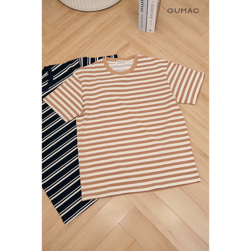 Áo thun nam GUMAC cổ tròn sọc kiểu form suông màu be - xanh đen - xanh dương  ATNF03024