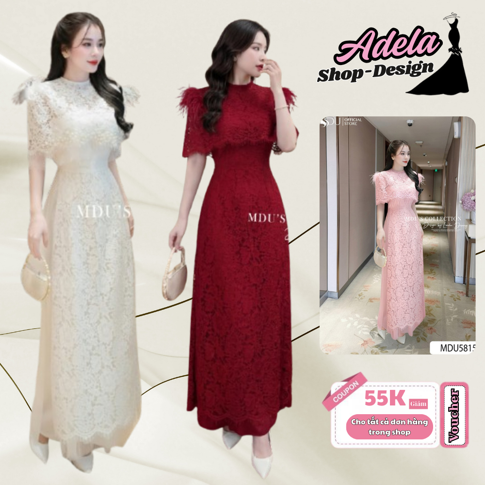 Áo Dài Thiết Kế Sang Trọng Ren Nổi Phối Lưới Kèm Áo Choàng Lông Ngọc Quý Phái Quần Lụa Satin BST MDU5765