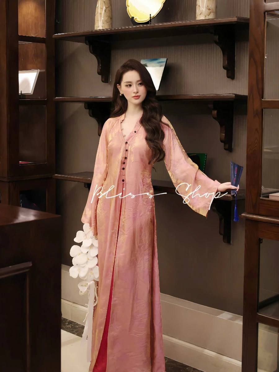 [BST Áo Dài] Áo Dài Cách Tân Đào Uyển Dáng Suông Thiết Kế Cao Cấp Mềm Mại Ánh Nhẹ Tinh Tế Bliss Shop - AD68