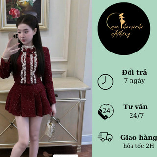 Set dạ bling áo phối ren chân váy xếp ly Eva  hamichi