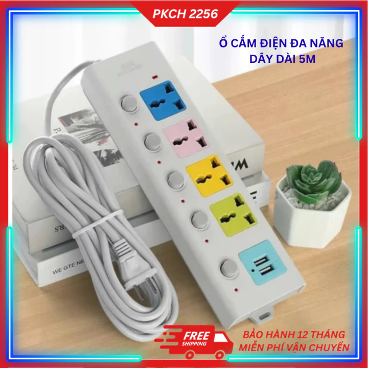 Ổ Cắm Điện USB Đa Năng Cao Cấp Chống Giật Dây Dài 5m, 2 Cổng Cắm USB Có Chốt An Toàn Tiện Dụng.