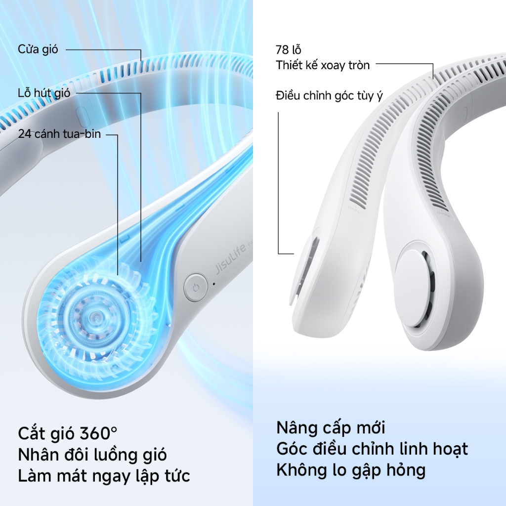 Quạt đeo cổ JisuLife 3, pin bền, 3 cấp gió, gọn nhẹ, tiện du lịch, ngoài trời, dùng hàng ngày