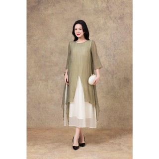 SWANLAKE | Váy Đầm Maxi Suông Nữ Xẻ Tà Tay Lỡ Cổ Tròn Vải Tơ Dập Ly Cao Cấp Đi Tiệc Công Sở D13235