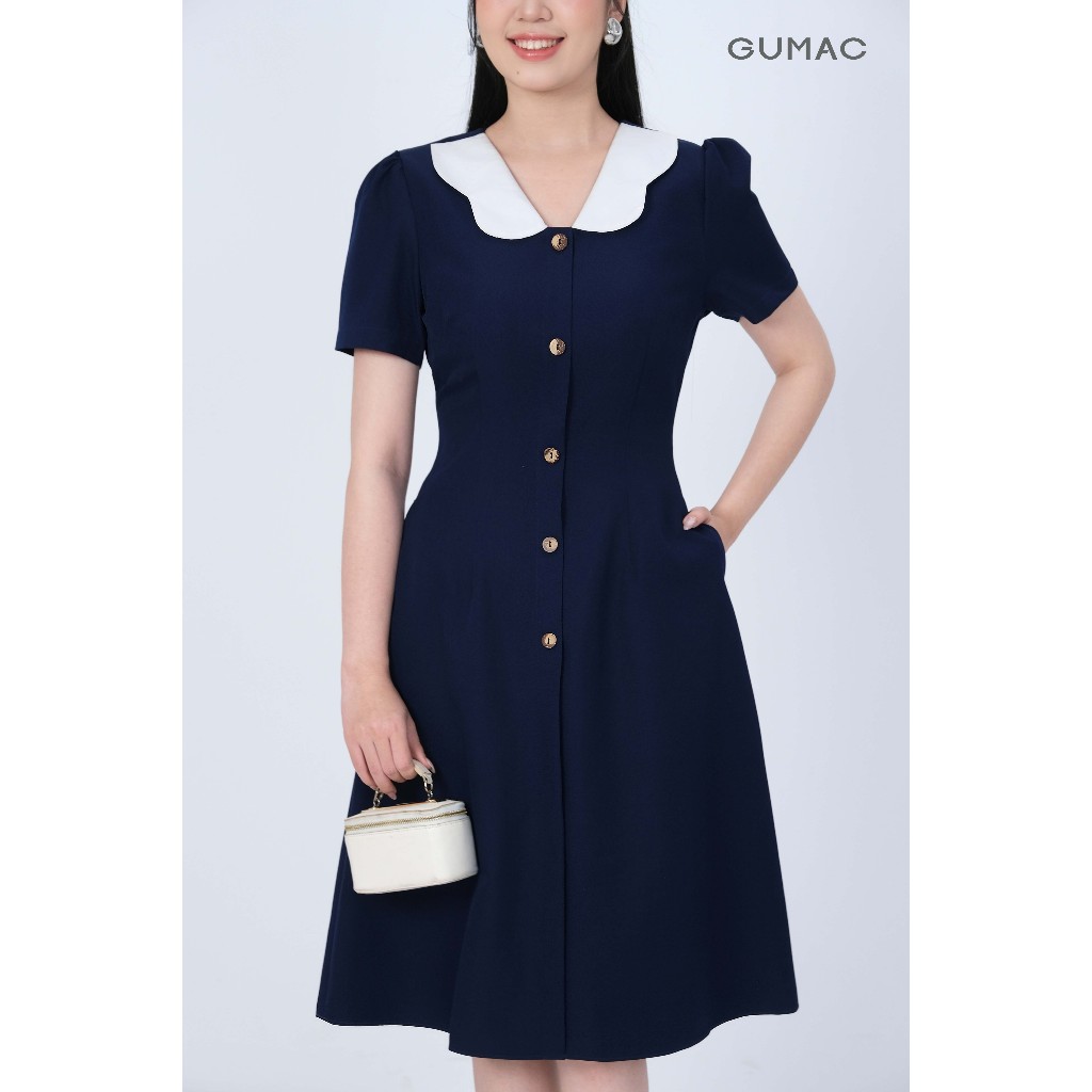 Đầm Nữ Form A Xòe GUMAC Phối Bâu Trắng Đính Nút Có Túi Tôn Dáng LDD1214