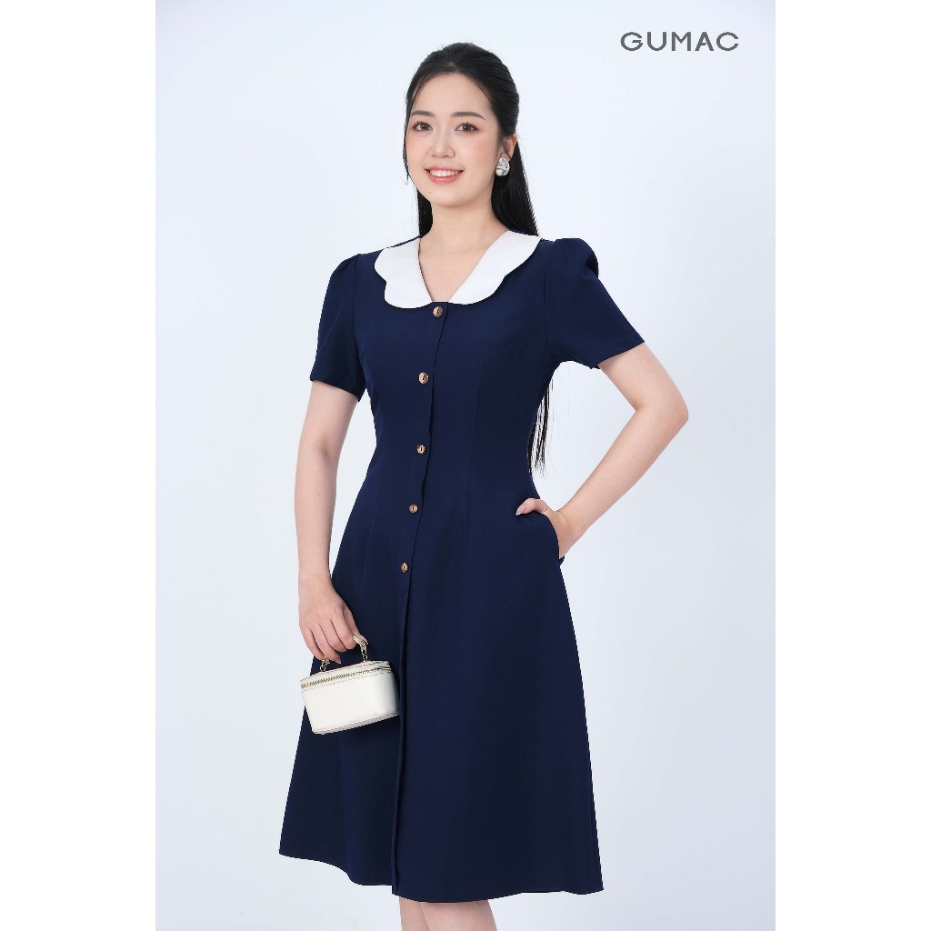 Đầm Nữ Form A Xòe GUMAC Phối Bâu Trắng Đính Nút Có Túi Tôn Dáng LDD1214