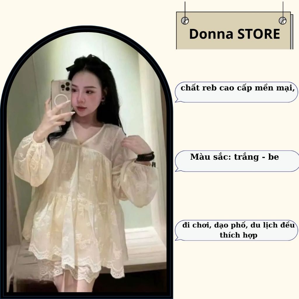 đồ bộ nữ , set đồ nữ babaydoll ren cổ V dài tay phối quần đùi siêu xinh thích  Donna HCOM25458