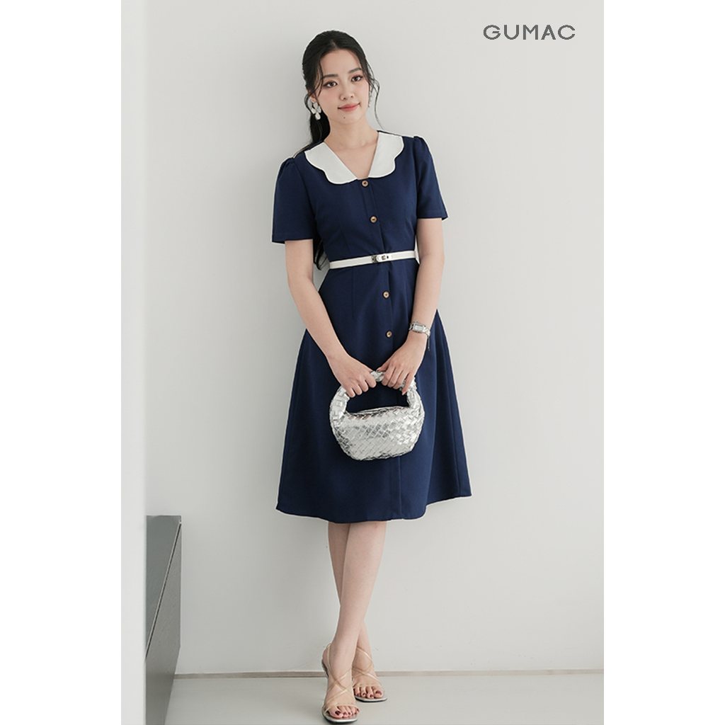 Đầm Nữ Form A Xòe GUMAC Phối Bâu Trắng Đính Nút Có Túi Tôn Dáng LDD1214
