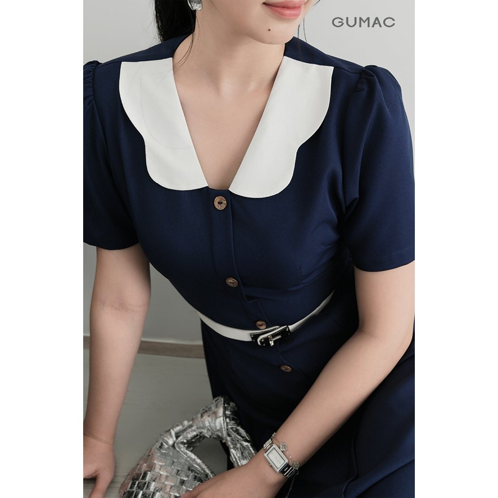 Đầm Nữ Form A Xòe GUMAC Phối Bâu Trắng Đính Nút Có Túi Tôn Dáng LDD1214