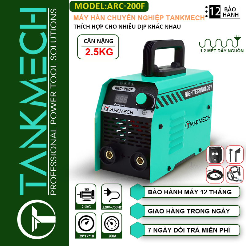 Máy hàn điện tử TANKMECH ARC-200F Chính hãng tặng kèm mặt nạ hàng cao cấp Bảo hành 12 tháng kéo que 3.2
