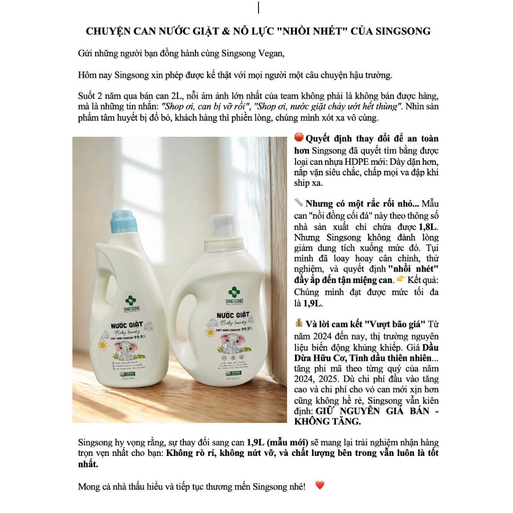 Nước Giặt Sơ Sinh Singsong, Đồ Lụa, Sạch Nấm Candida 99%, Không SLS - (500ml, 1.9Lít)