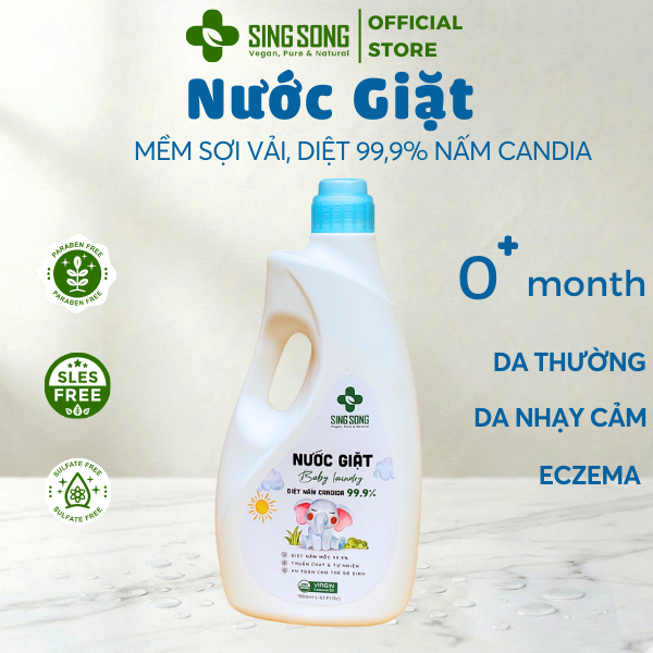Nước Giặt Sơ Sinh Singsong, Đồ Lụa, Sạch Nấm Candida 99%, Không SLS - (500ml, 1.9Lít)
