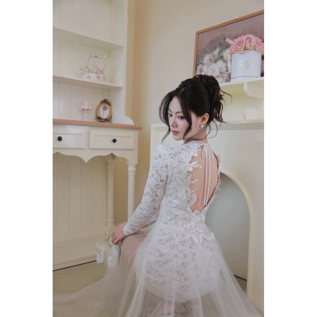 HERAH.ERA - Đầm Body Phối Ren Lưới Dáng Xoè Dài - Đầm Hở Lưng Phối Ren - Cổ Tròn Đính Ngọc / Swan Dress