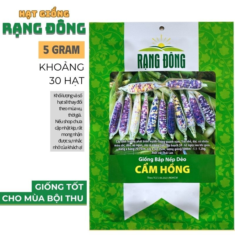 Hạt Giống Bắp Nếp Dẻo Cẩm Hồng (Gói 5g ~ 30 Hạt) Dẻo Thơm - Hạt giống Rạng Đông | C8