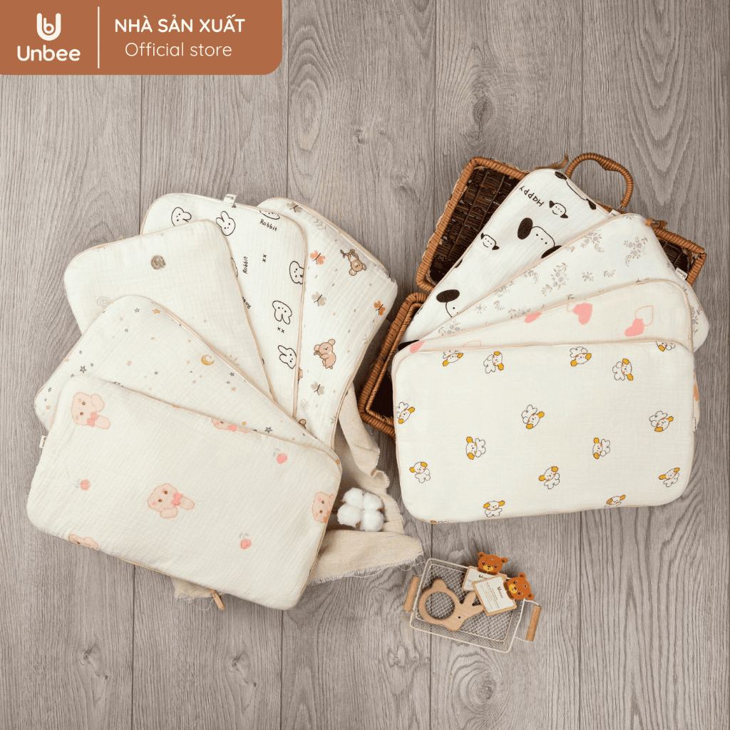 Gối Bằng Sơ Sinh Unbee Vải Xô Muslin Cao Cấp Cho Bé Kích Thước 25 x 38cm Mềm Mịn Thoáng Khí Thấm Hút Mồ Hôi
