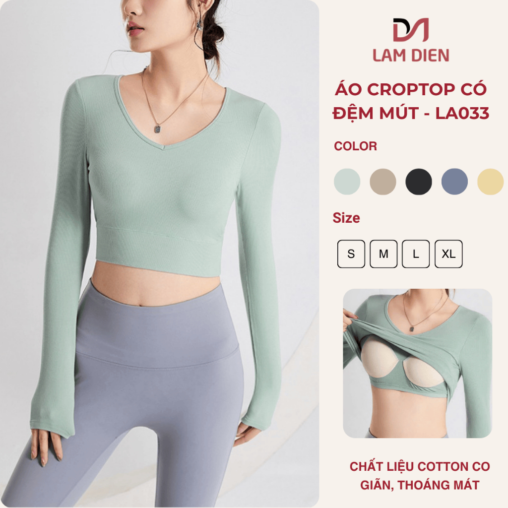 Áo Croptop Nữ Tay Dài Có Đệm Mút Nâng Ngực, Áo Croptop Cotton Co Giãn Form Ôm Tôn Dáng LA033