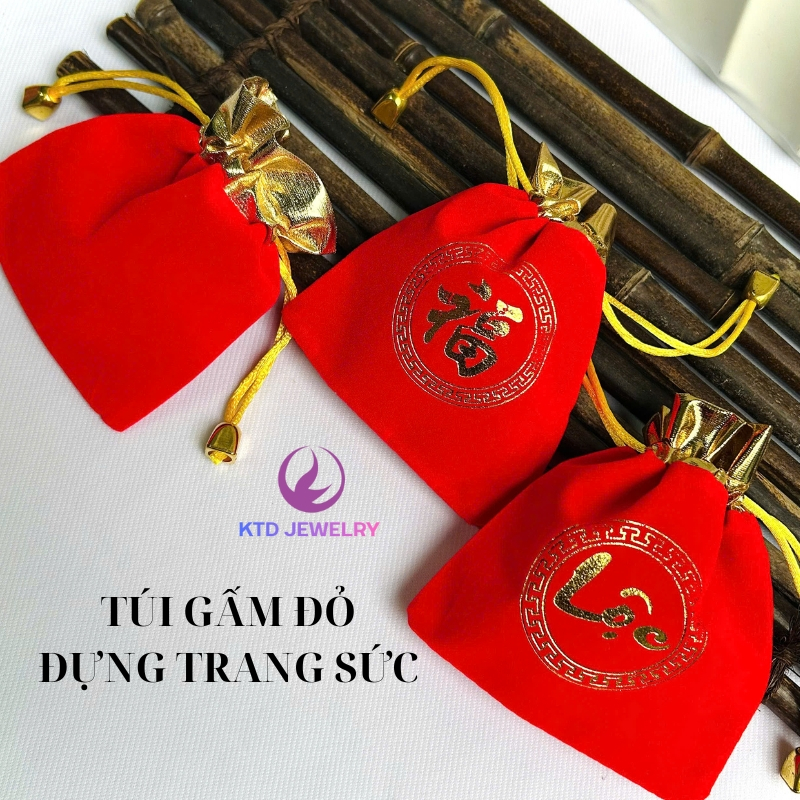 Túi Gấm Nhung Đỏ KATEDA Viền Vàng Dây Rút Đựng Quà Tặng, Đồng Xu, Thỏi Vàng, Vật Phẩm Phong Thuỷ