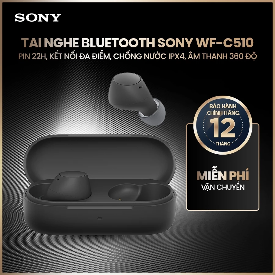Tai nghe Bluetooth Sony WF-C510 pin 22h, kết nối đa điểm, chống nước IPX4, âm thanh 360 độ