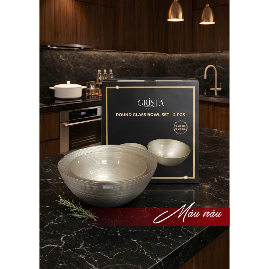 Bộ 2 Bát Thủy Tinh Tròn Crista Home 4.5L + 2.2L – Bát Tô Trộn Salad Cao Cấp Chuẩn Châu Âu