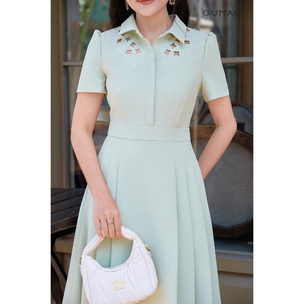 [SALE] Đầm nữ form A xòe GUMAC cổ sơ mi thêu hoa cắt lazer xếp ly vải cotton silk dày dặn DF03021