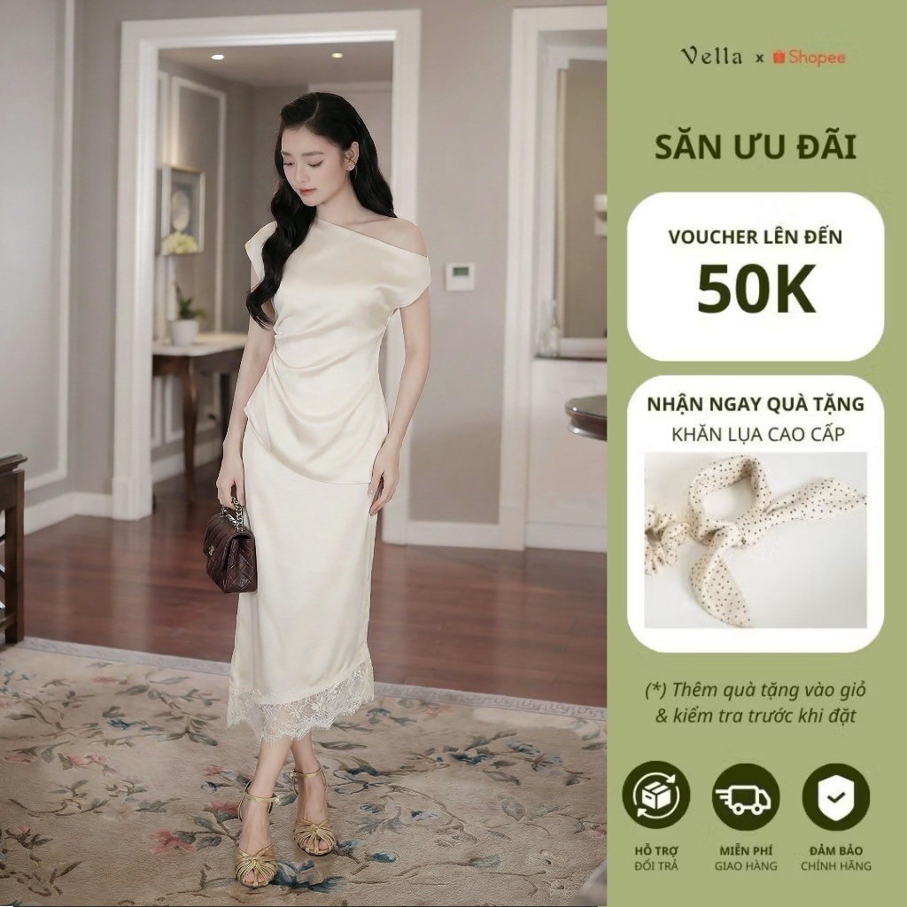Set váy áo dự tiệc màu trắng kem sang trọng, áo pelum lệch vai, váy bút chì viền ren Vella VA25099