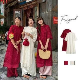 Áo dài lông vũ ForgirlStudio áo dài đỏ hiện đại mẫu mới chất ren 2 lớp tay lỡ cổ trụ cột nơ phối quần lụa T031
