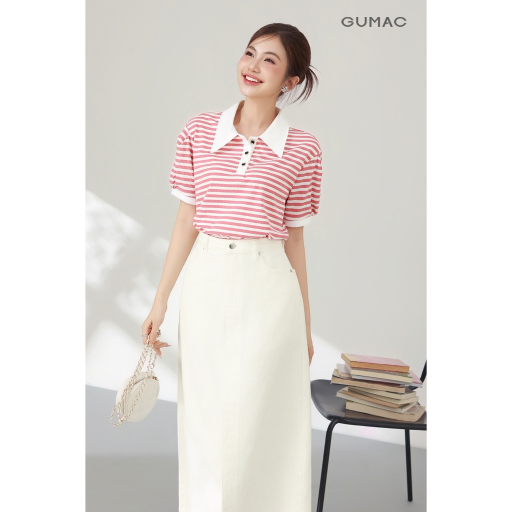 Áo Polo Nữ Dáng Suông GUMAC Cổ Tròn Vải Thun Gân Sọc Phối Cổ Và Nẹp Nút  PLE11036