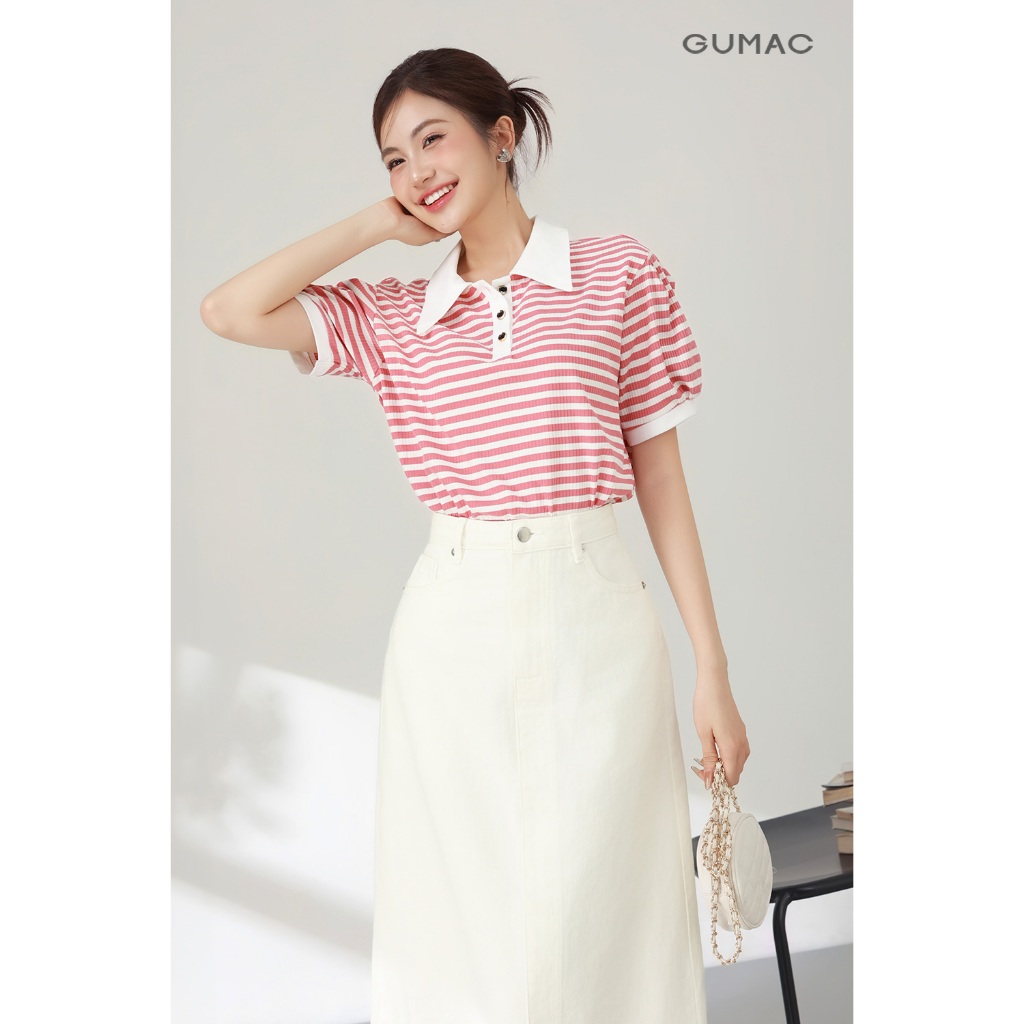 Áo Polo Nữ Dáng Suông GUMAC Cổ Tròn Vải Thun Gân Sọc Phối Cổ Và Nẹp Nút  PLE11036