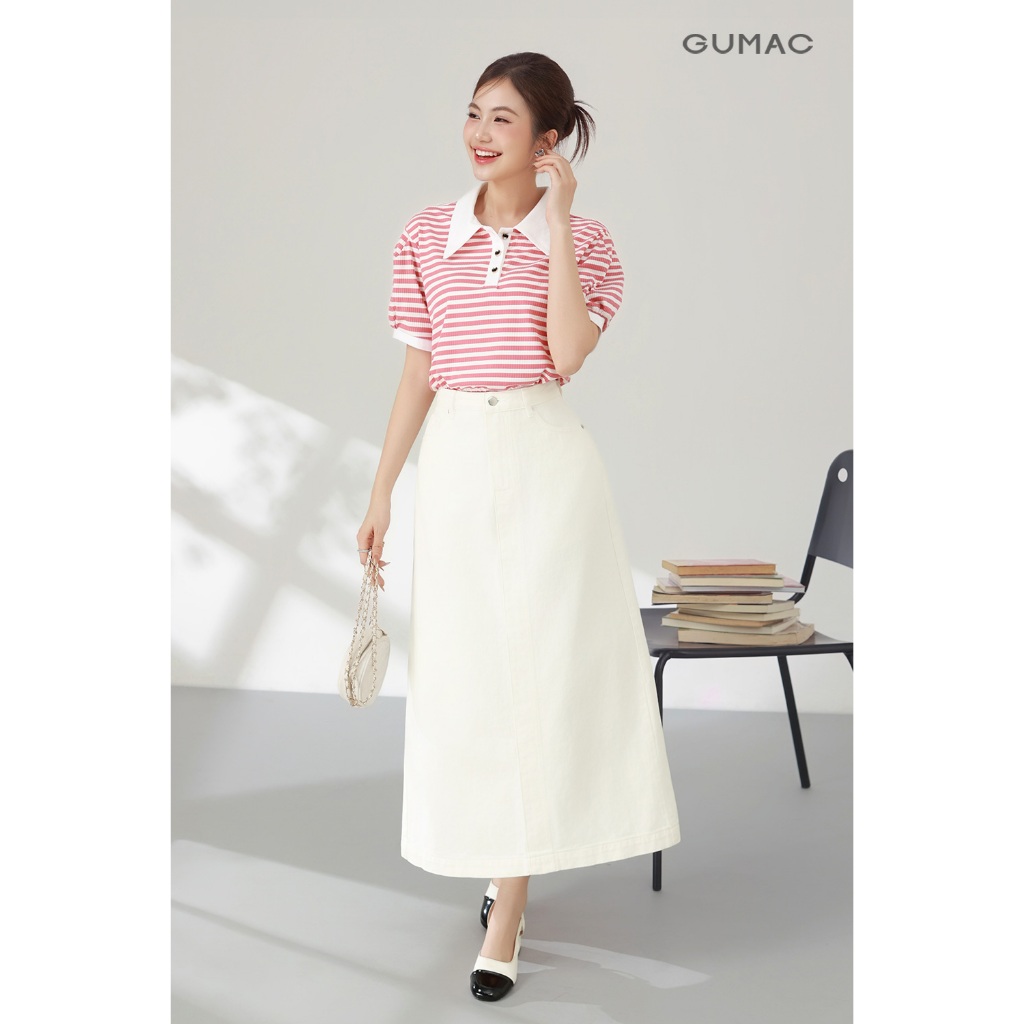 Áo Polo Nữ Dáng Suông GUMAC Cổ Tròn Vải Thun Gân Sọc Phối Cổ Và Nẹp Nút  PLE11036
