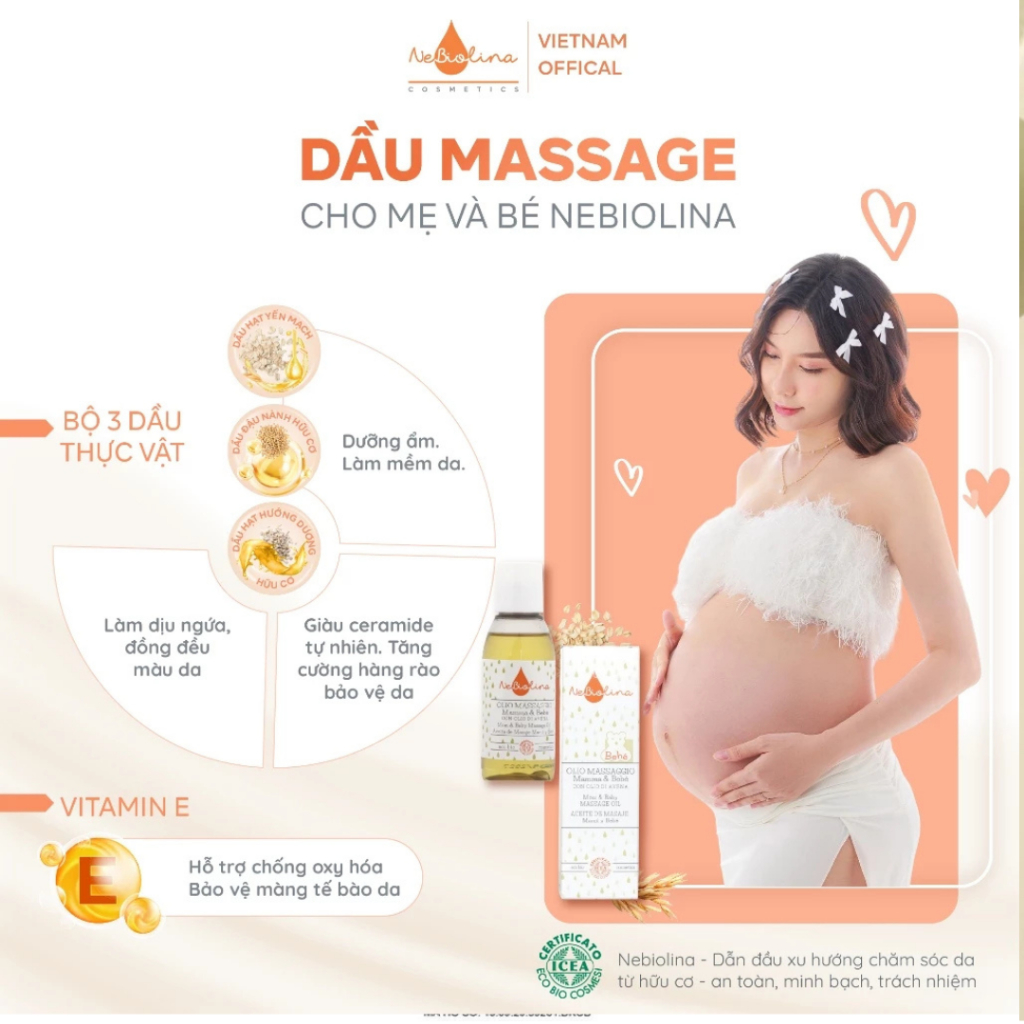 Dầu Massage cho Mẹ & Bé chiết xuất Yến Mạch Hữu Cơ NeBiolina Mờ Vết Rạn Cho Mẹ Và Dưỡng Ẩm Cho Bé chai 100ml